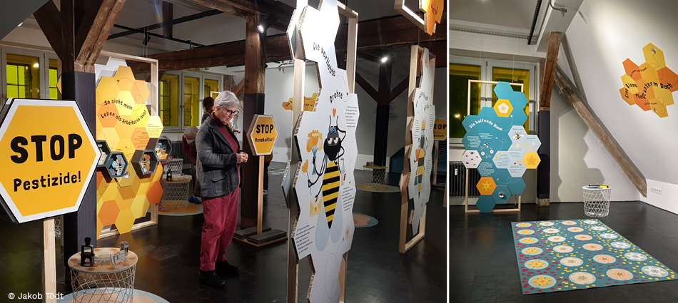 Eine Biene fliegt unterm Dach